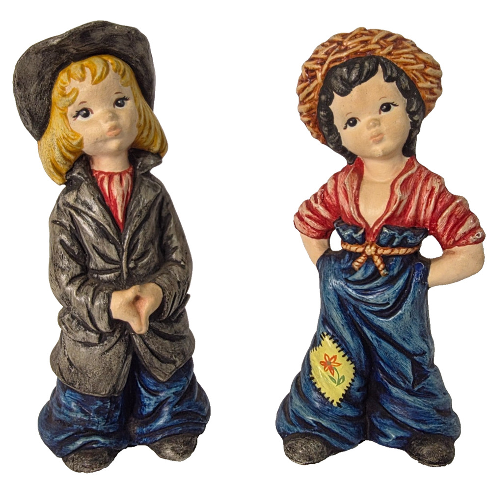 Boy Girl Figurines Set of 2 9in Denim Overalls Vintage Style Farmhouse Decor
